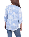 Blue Tie Dye 3/4 Bell Sleeve Pleat Front Y Neck Top