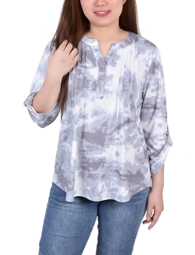 Grey Tiedye 3/4 Bell Sleeve Pleat Front Y Neck Top