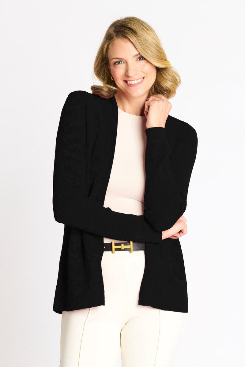 Waffle Stitch Cardigan Sweater with Pocket, Black